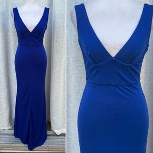 ABS bright royal blue deep v neck maxi gown dress